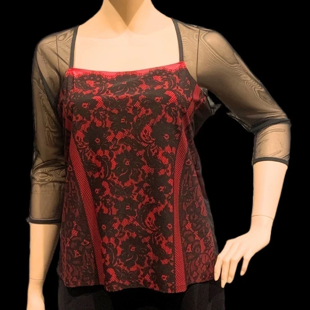 IGIGI Festival Top Plus Size 22 Black Lace on Red Blouse, 3/4 Raglan Sleeves NEW - Picture 11 of 11